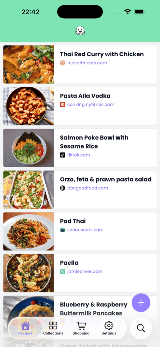 A list of recipes saved in Poach, each with its photo and the site it came from